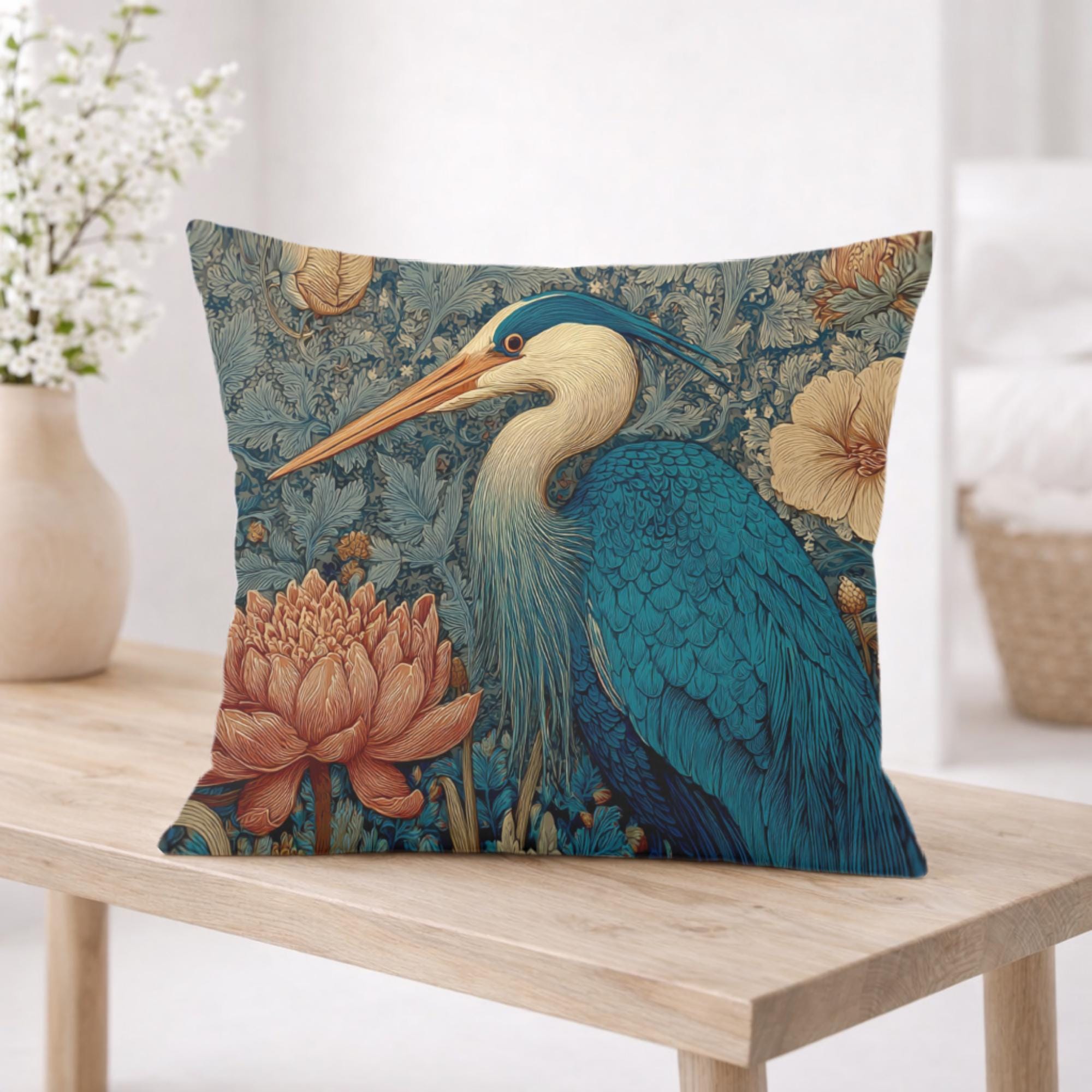 Blue Heron Floral Pillow, Vintage Botanical Bird Throw Pillow, Elegant Nature Cushion, William Morris Style Pillowcase, Cottagecore Decor