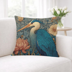 Blue Heron Floral Pillow, Vintage Botanical Bird Throw Pillow, Elegant Nature Cushion, William Morris Style Pillowcase, Cottagecore Decor