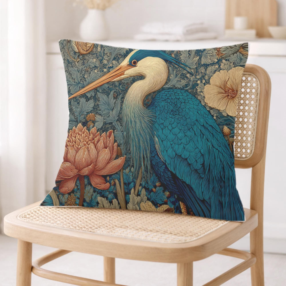 Blue Heron Floral Pillow, Vintage Botanical Bird Throw Pillow, Elegant Nature Cushion, William Morris Style Pillowcase, Cottagecore Decor