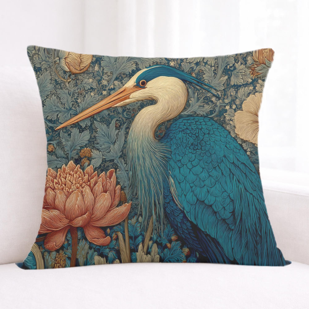 Blue Heron Floral Pillow, Vintage Botanical Bird Throw Pillow, Elegant Nature Cushion, William Morris Style Pillowcase, Cottagecore Decor