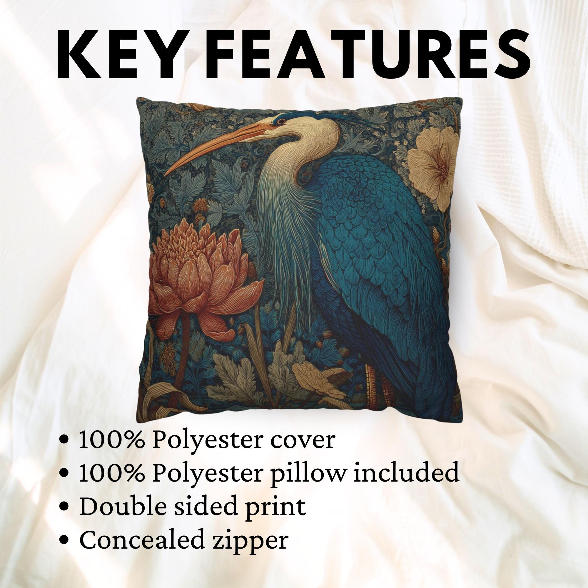 Blue Heron Floral Pillow, Vintage Botanical Bird Throw Pillow, Elegant Nature Cushion, William Morris Style Pillowcase, Cottagecore Decor