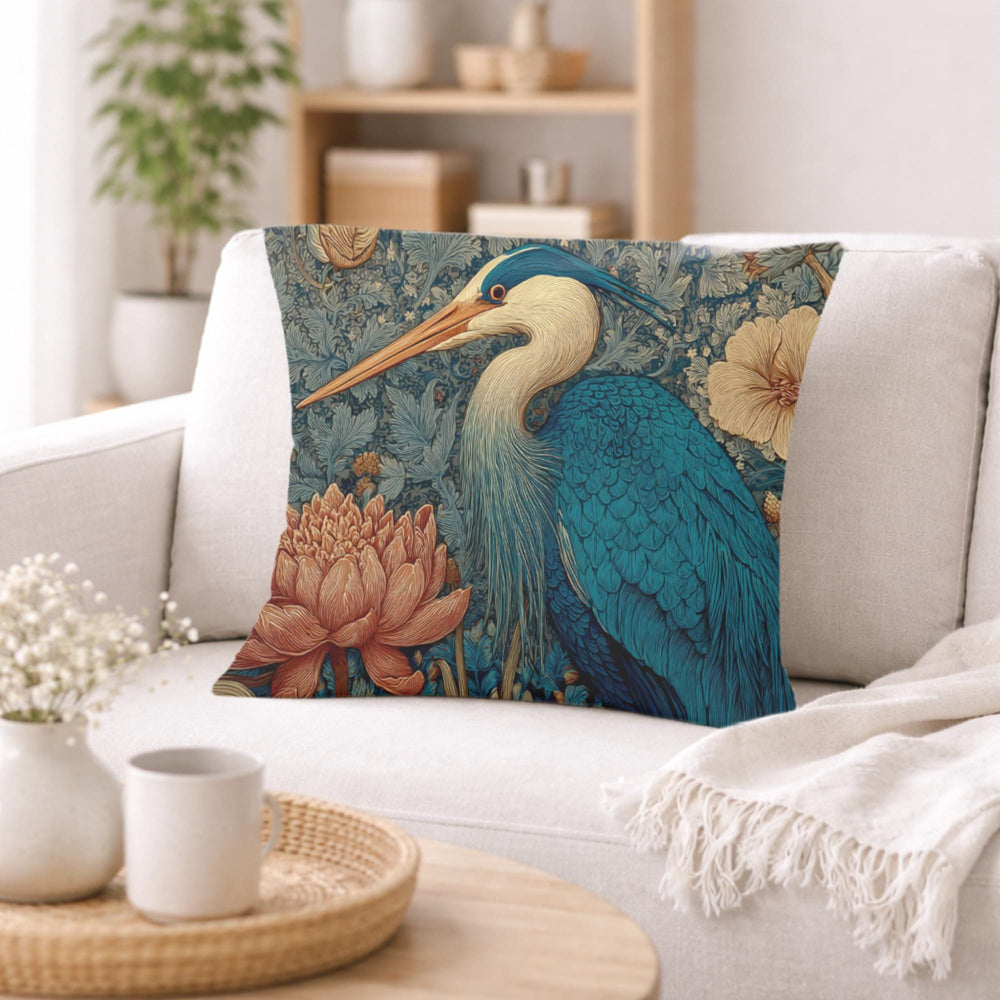 Blue Heron Floral Pillow, Vintage Botanical Bird Throw Pillow, Elegant Nature Cushion, William Morris Style Pillowcase, Cottagecore Decor