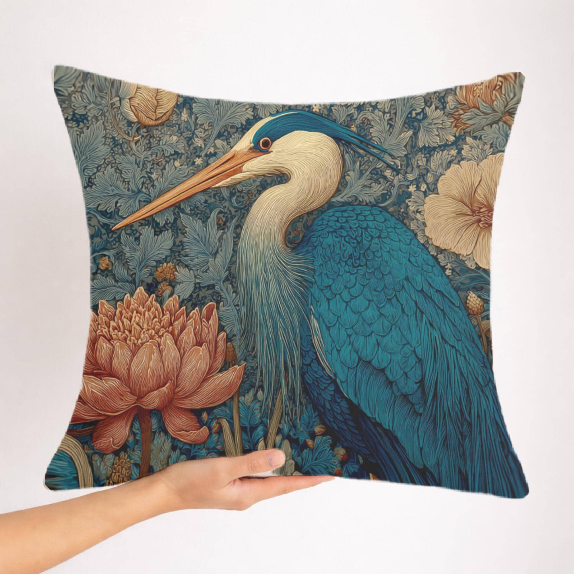 Blue Heron Floral Pillow, Vintage Botanical Bird Throw Pillow, Elegant Nature Cushion, William Morris Style Pillowcase, Cottagecore Decor