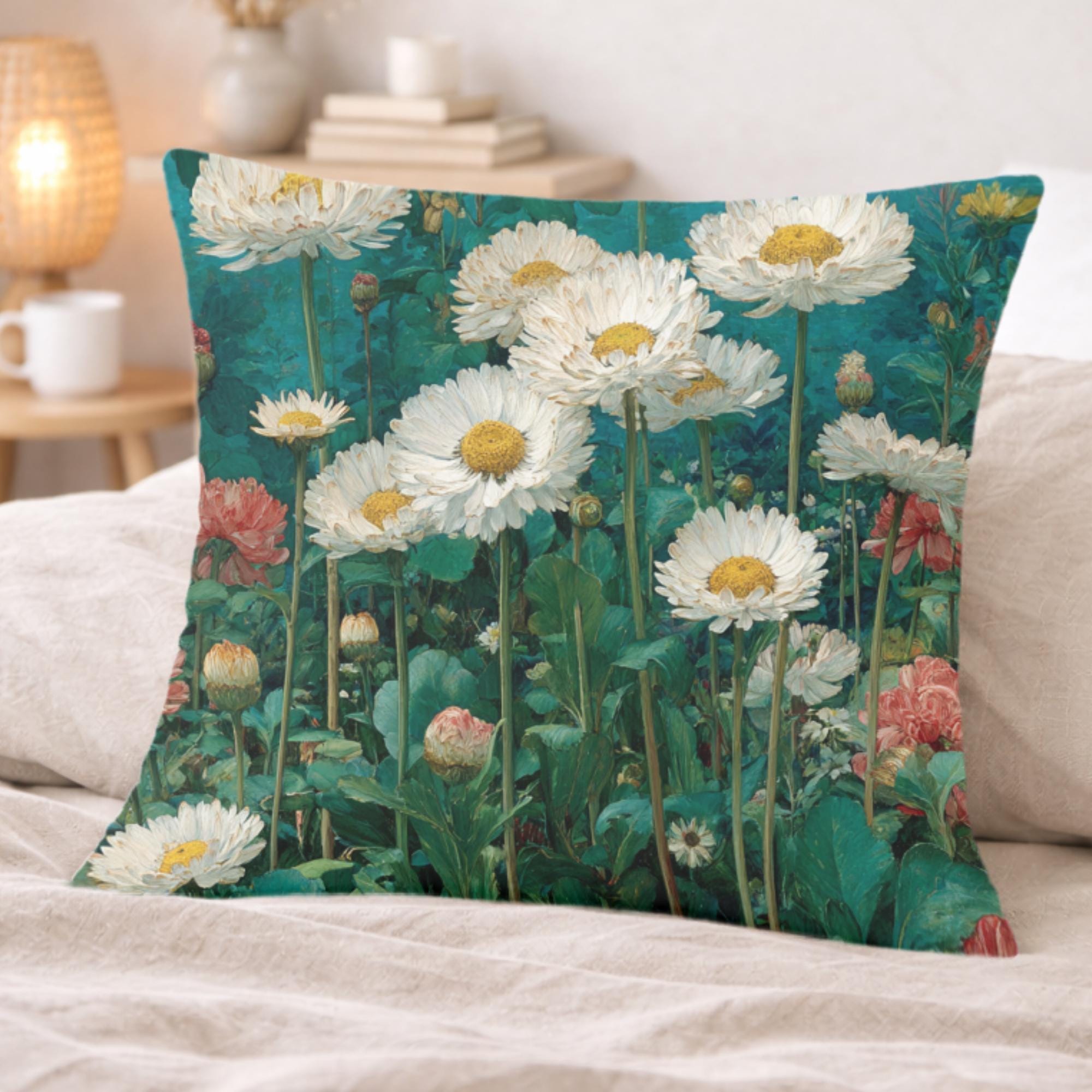White Daisy Garden Pillow, Vintage Floral Meadow Throw Pillow, Soft Botanical Cushion, Cottagecore Nature Pillowcase, Classic Home Decor