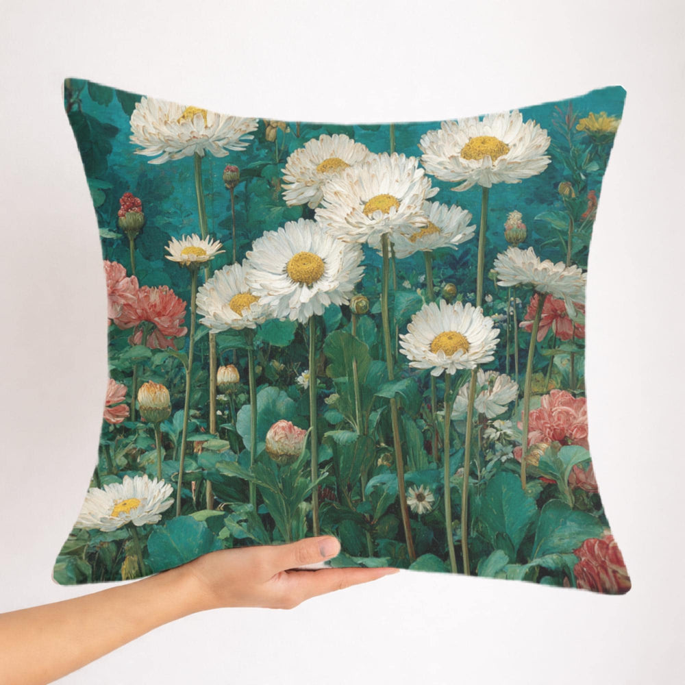 White Daisy Garden Pillow, Vintage Floral Meadow Throw Pillow, Soft Botanical Cushion, Cottagecore Nature Pillowcase, Classic Home Decor