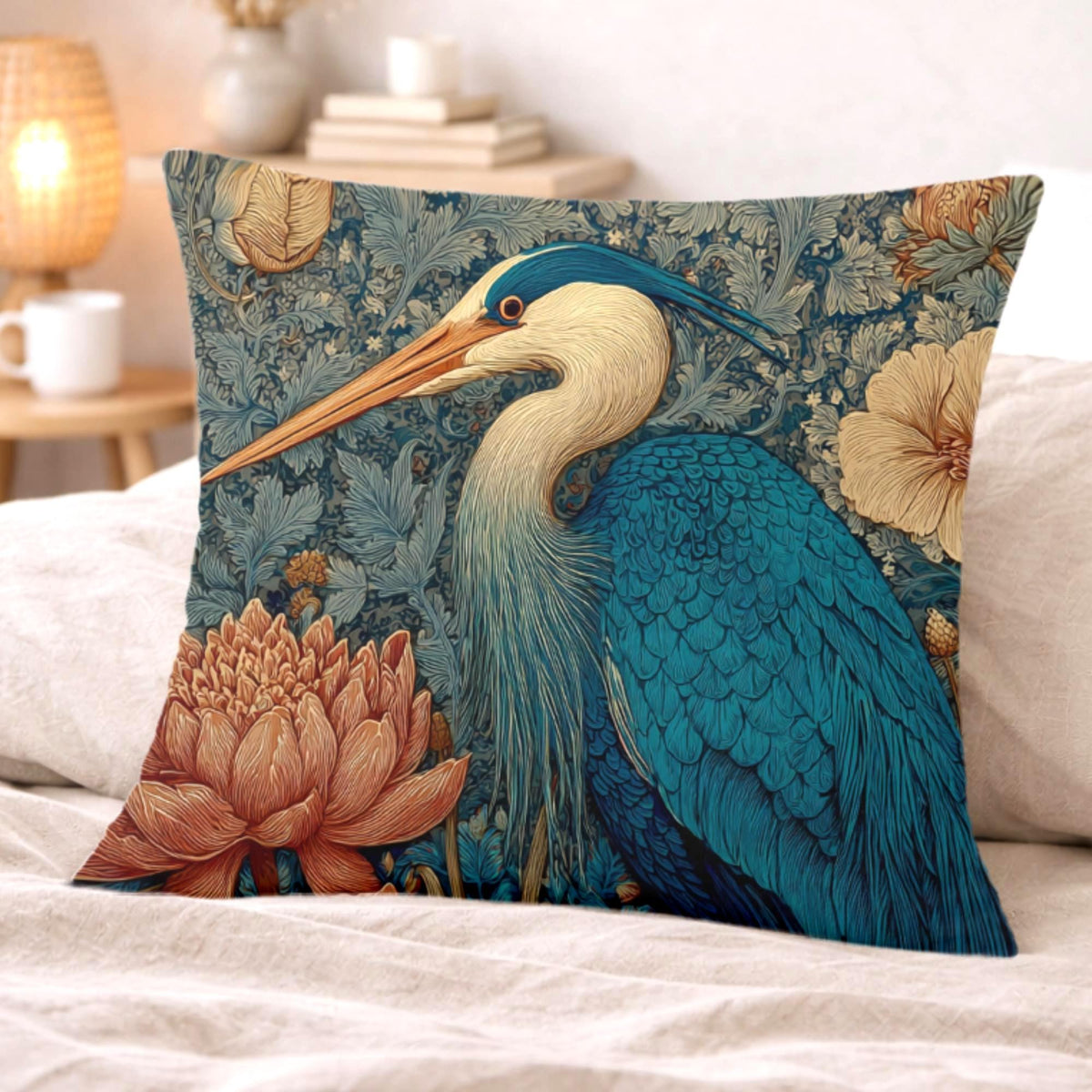 Blue Heron Floral Pillow, Vintage Botanical Bird Throw Pillow, Elegant Nature Cushion, William Morris Style Pillowcase, Cottagecore Decor