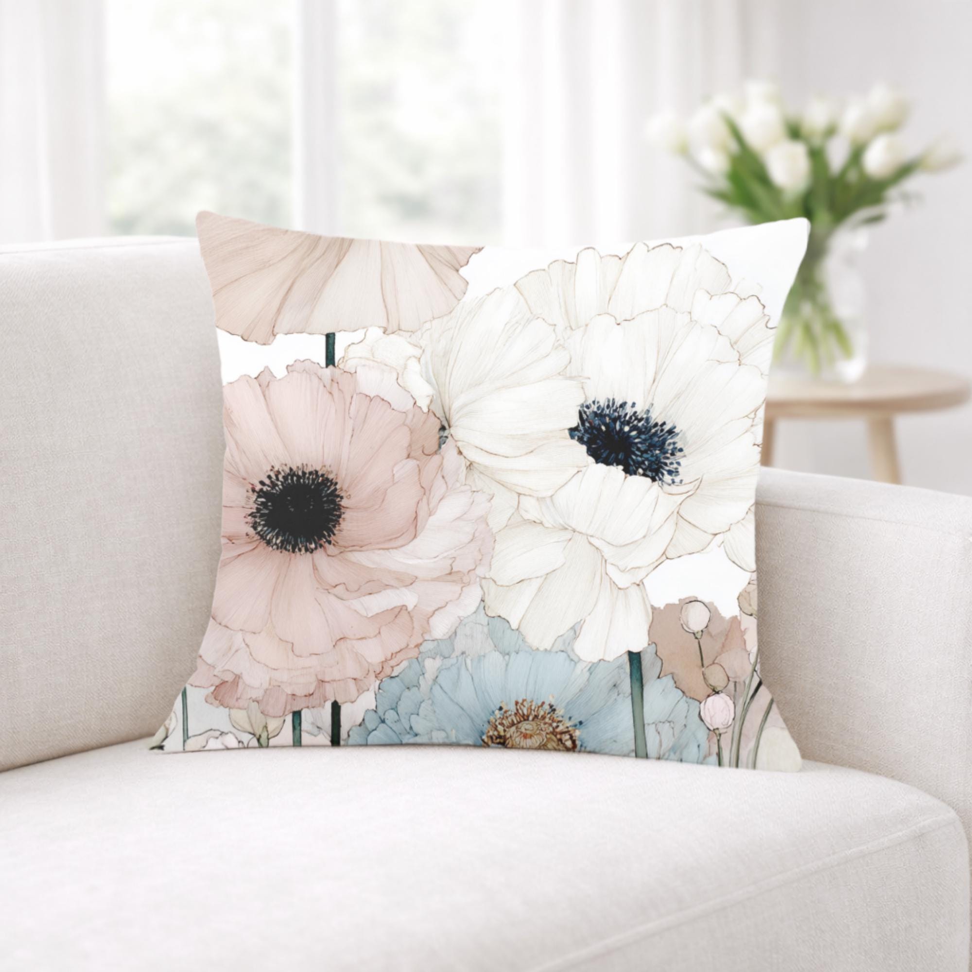 Soft Pastel Anemone Pillow, Watercolor Nature Cushion, Blush Blue Floral Throw Pillow, Cottage Garden Pillowcase, Serene Home Decor