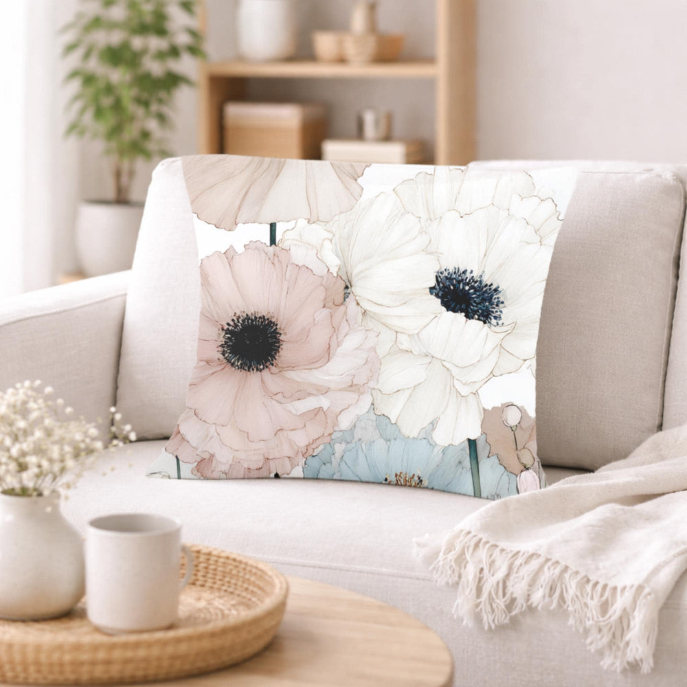 Soft Pastel Anemone Pillow, Watercolor Nature Cushion, Blush Blue Floral Throw Pillow, Cottage Garden Pillowcase, Serene Home Decor
