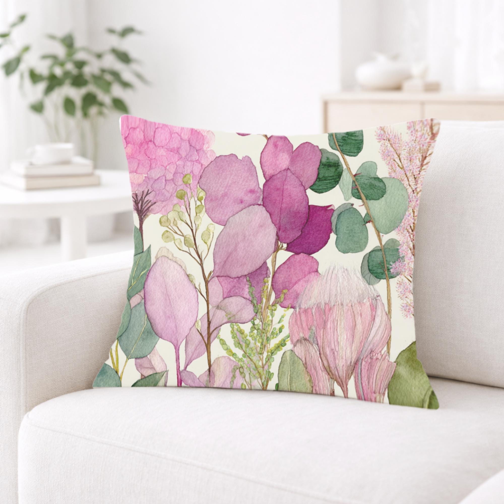 Pink Botanical Pillow, Soft Watercolor Floral Throw Pillow, Pastel Garden Nature Cushion, Cottage Bloom Pillowcase, Serene Home Decor