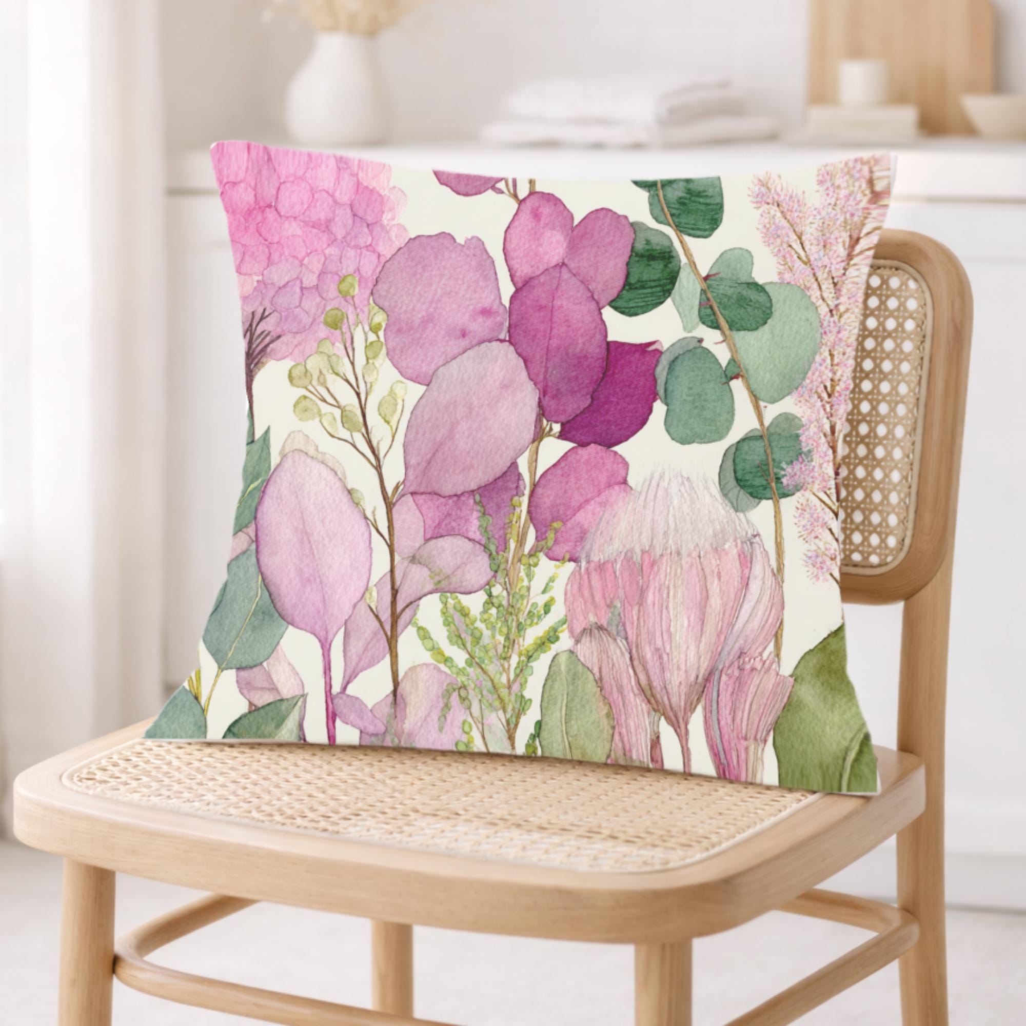 Pink Botanical Pillow, Soft Watercolor Floral Throw Pillow, Pastel Garden Nature Cushion, Cottage Bloom Pillowcase, Serene Home Decor