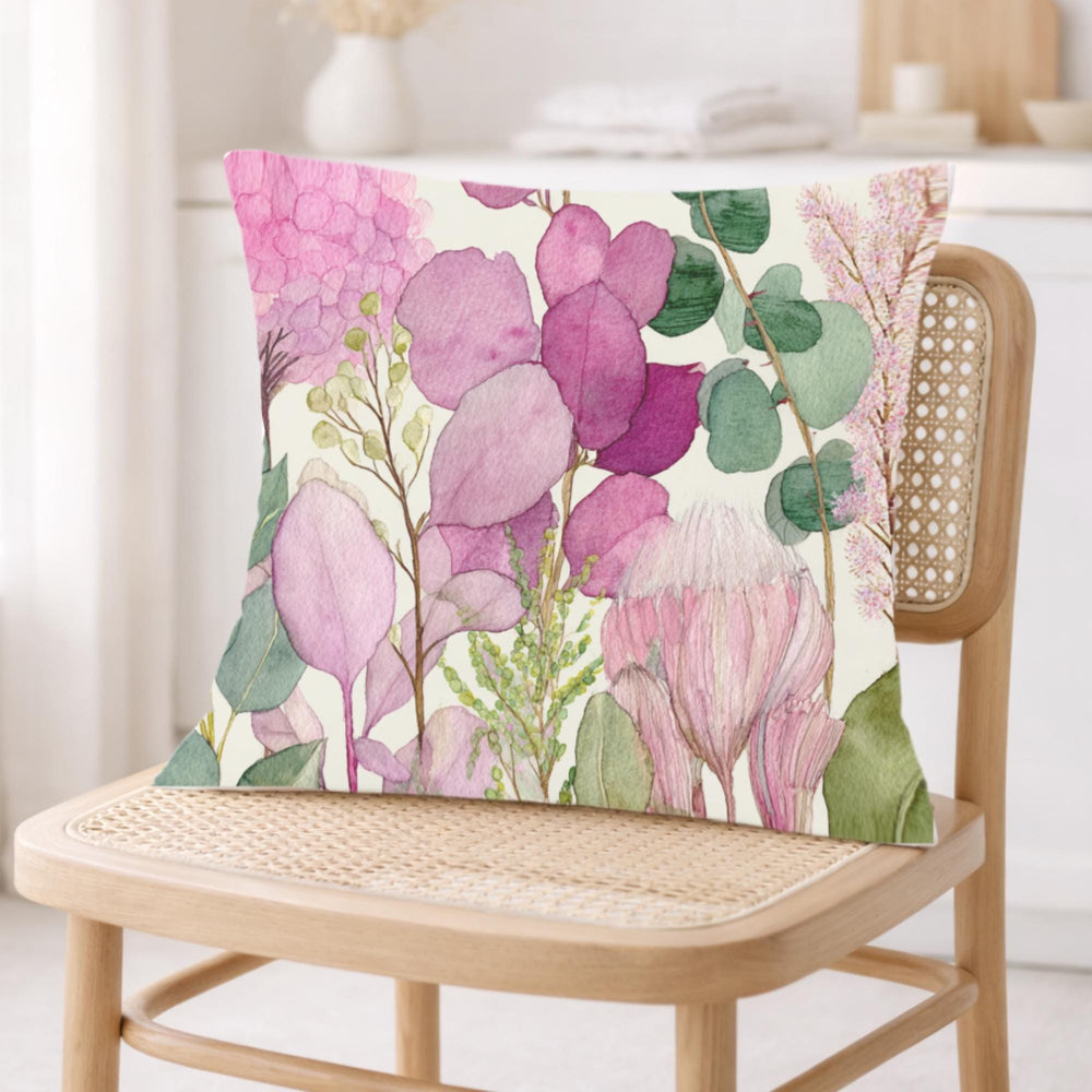 Pink Botanical Pillow, Soft Watercolor Floral Throw Pillow, Pastel Garden Nature Cushion, Cottage Bloom Pillowcase, Serene Home Decor
