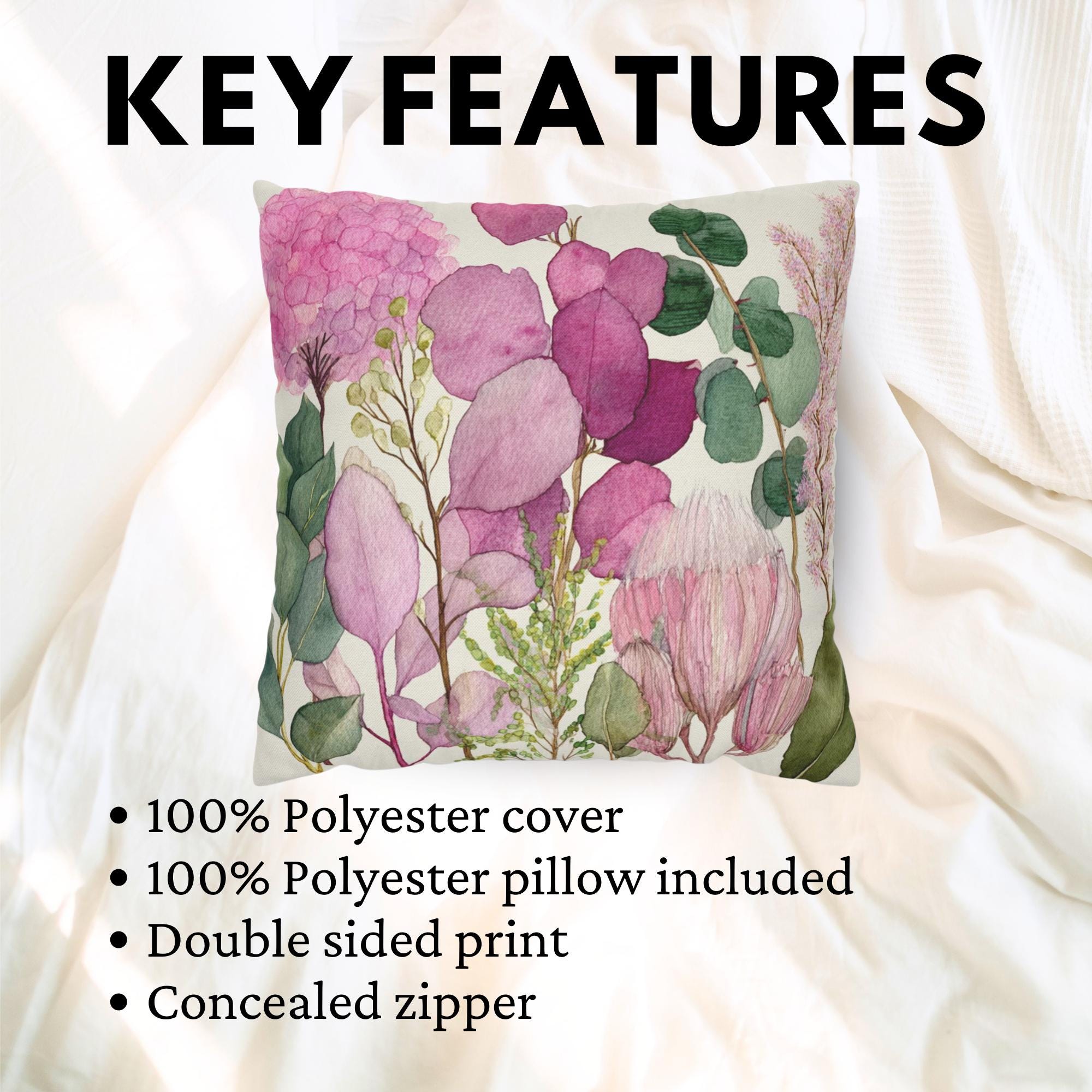 Pink Botanical Pillow, Soft Watercolor Floral Throw Pillow, Pastel Garden Nature Cushion, Cottage Bloom Pillowcase, Serene Home Decor