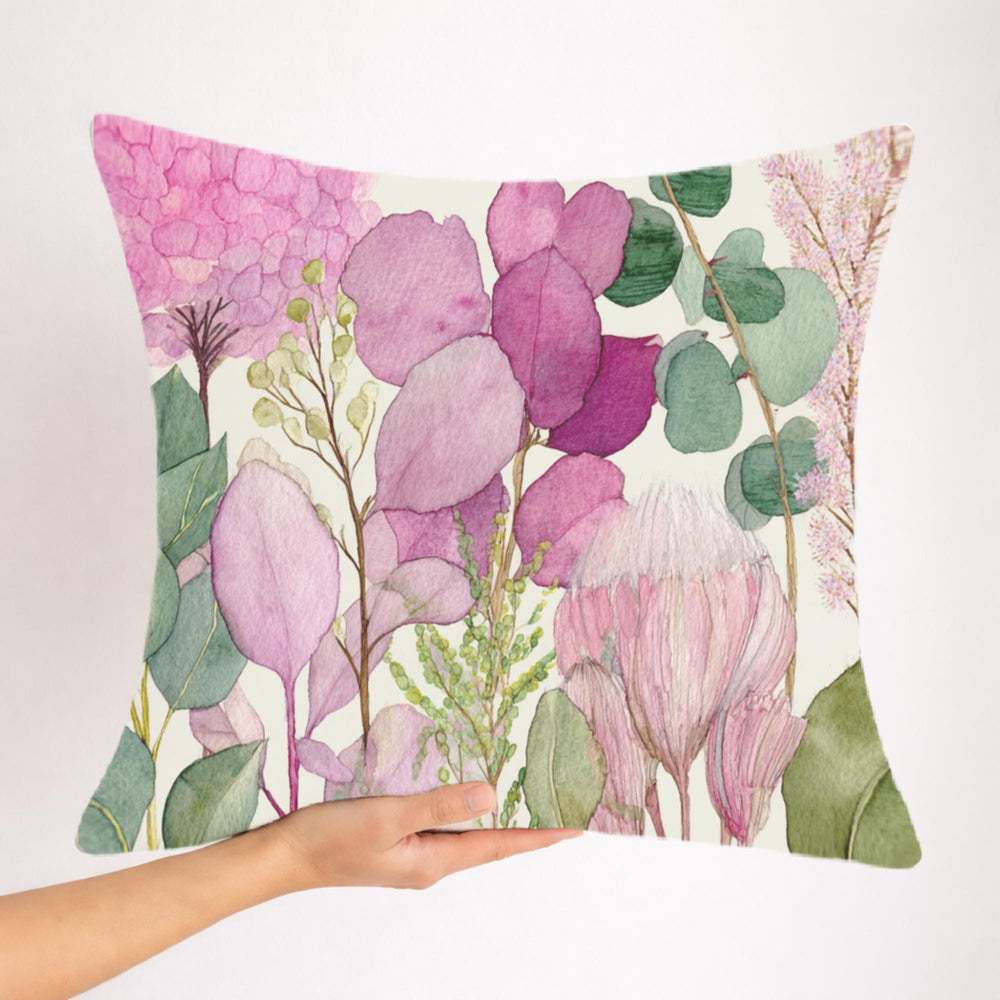 Pink Botanical Pillow, Soft Watercolor Floral Throw Pillow, Pastel Garden Nature Cushion, Cottage Bloom Pillowcase, Serene Home Decor