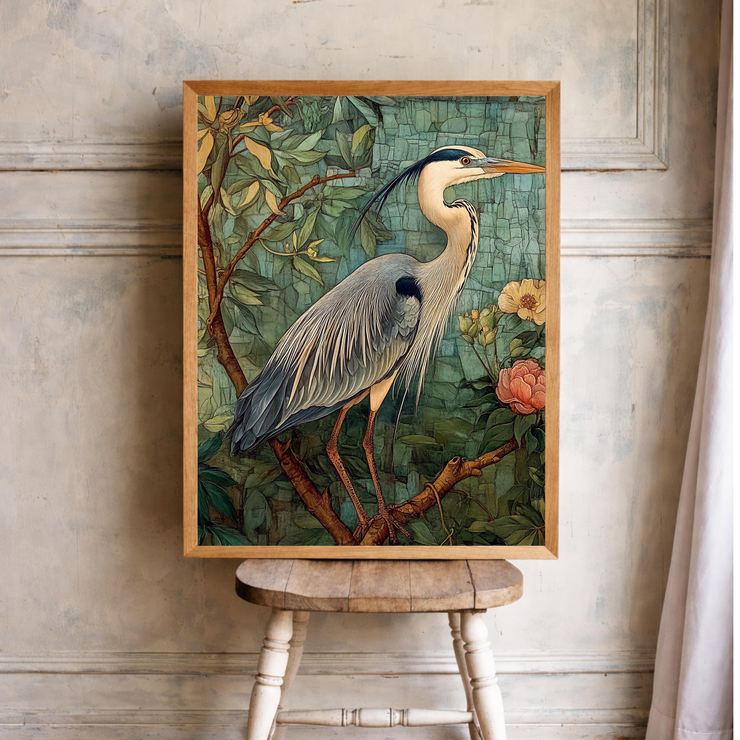 William Morris Botanical Bird Wall Art Print, Arts and Crafts Heron Canvas Decor, Vintage Bird Canvas Decor, Botanical Heron Wall Art Print