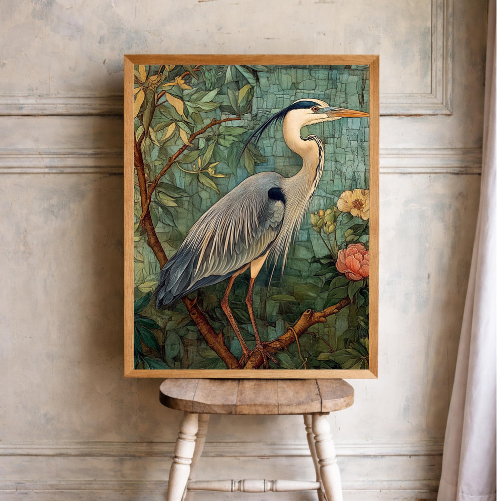William Morris Botanical Bird Wall Art Print, Arts and Crafts Heron Canvas Decor, Vintage Bird Canvas Decor, Botanical Heron Wall Art Print