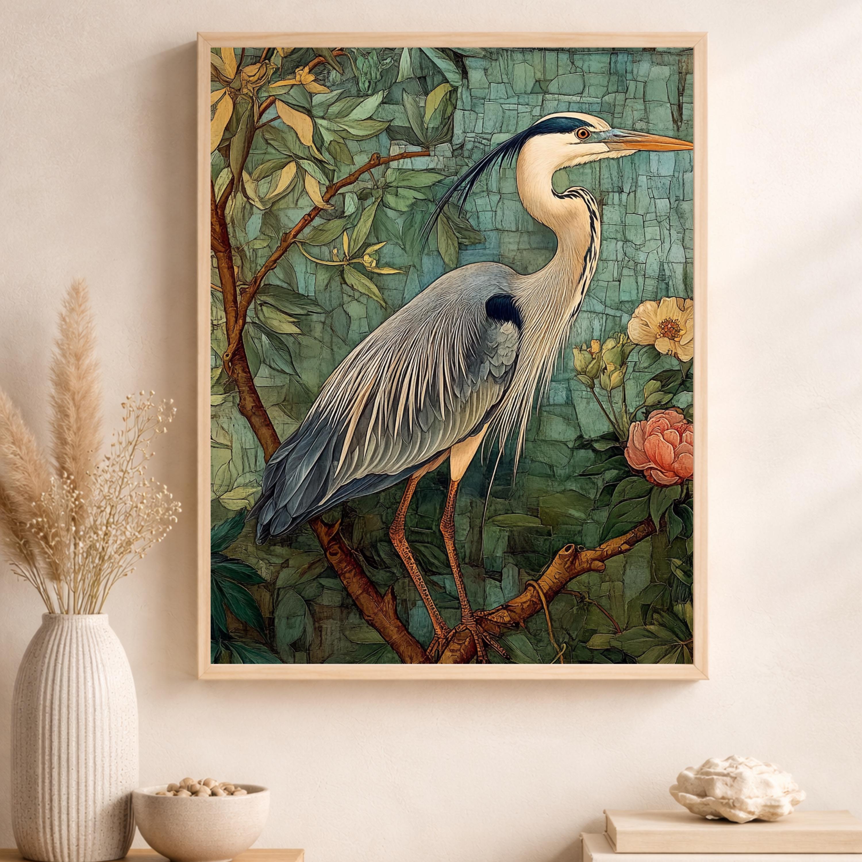 William Morris Botanical Bird Wall Art Print, Arts and Crafts Heron Canvas Decor, Vintage Bird Canvas Decor, Botanical Heron Wall Art Print