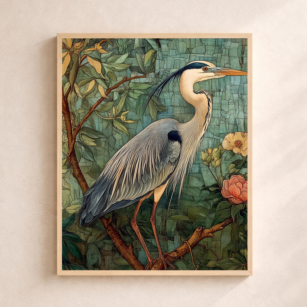 William Morris Botanical Bird Wall Art Print, Arts and Crafts Heron Canvas Decor, Vintage Bird Canvas Decor, Botanical Heron Wall Art Print