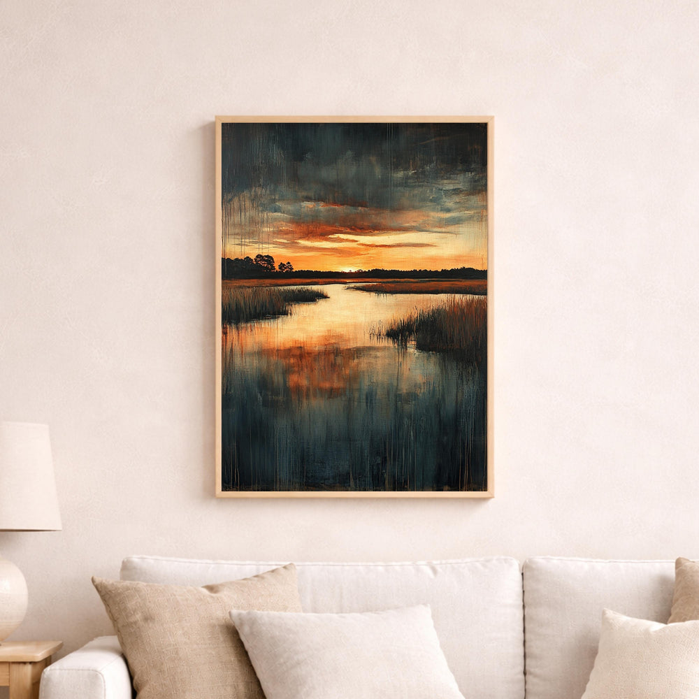 Sunset Marsh Landscape Wall Art Print, Moody Wetland Canvas Decor, Reflective Water Artwork, Dramatic Nature Portrait