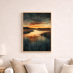 Sunset Marsh Landscape Wall Art Print, Moody Wetland Canvas Decor, Reflective Water Artwork, Dramatic Nature Portrait