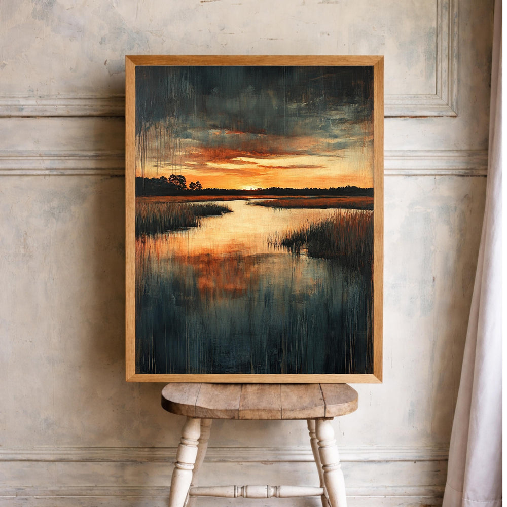 Sunset Marsh Landscape Wall Art Print, Moody Wetland Canvas Decor, Reflective Water Artwork, Dramatic Nature Portrait