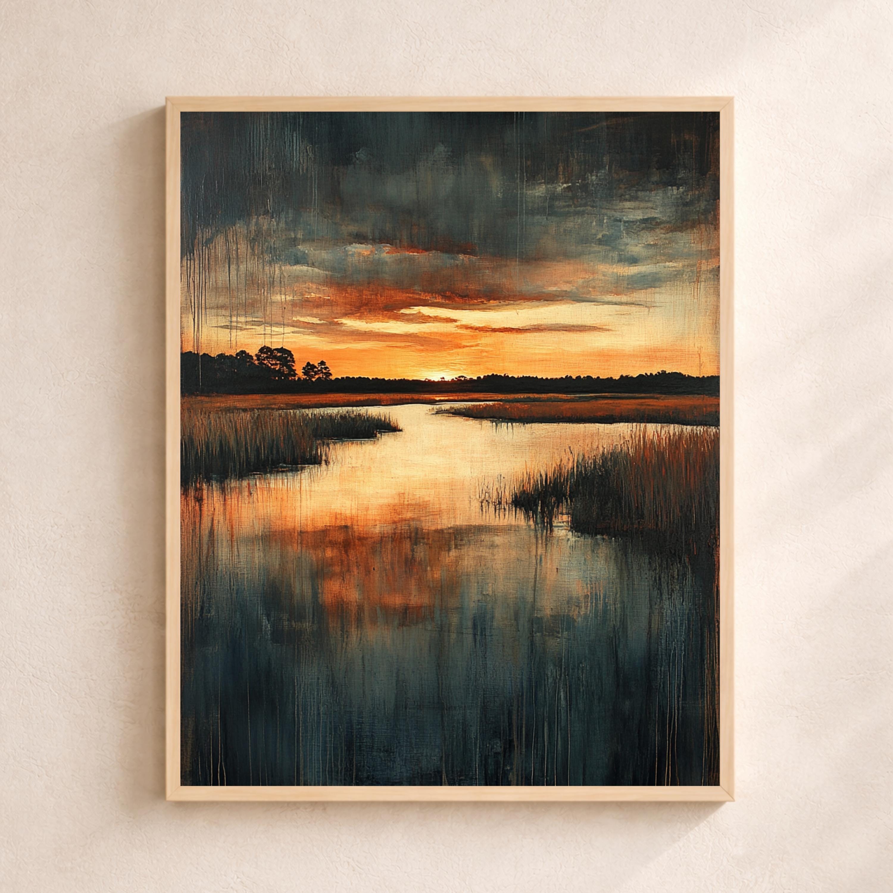 Sunset Marsh Landscape Wall Art Print, Moody Wetland Canvas Decor, Reflective Water Artwork, Dramatic Nature Portrait