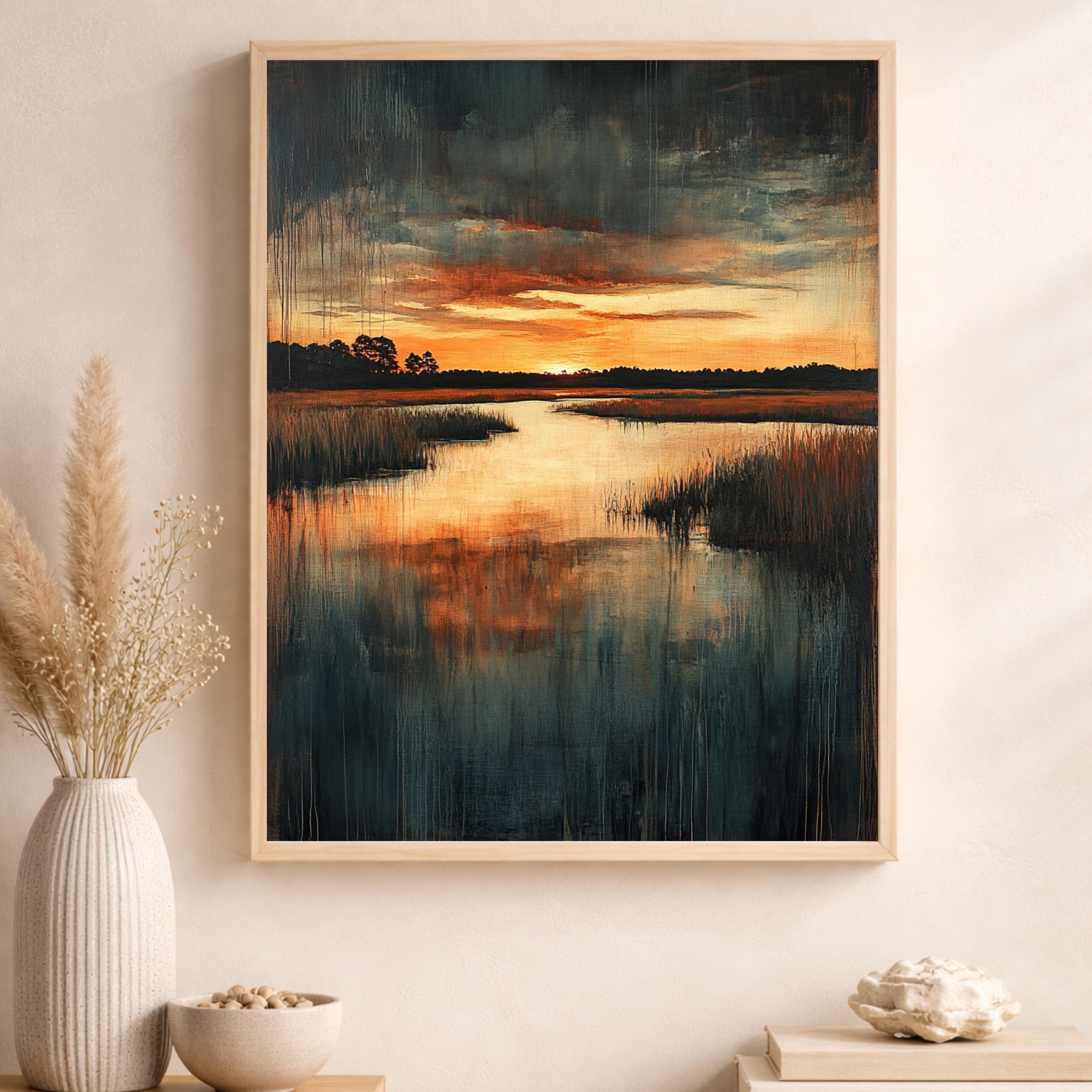 Sunset Marsh Landscape Wall Art Print, Moody Wetland Canvas Decor, Reflective Water Artwork, Dramatic Nature Portrait