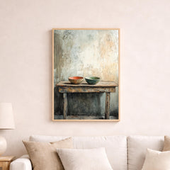 Neutral Kitchen Portrait, Rustic Still Life Wall Art Print, Minimal Farmhouse Canvas Decor, Vintage Table Artwork