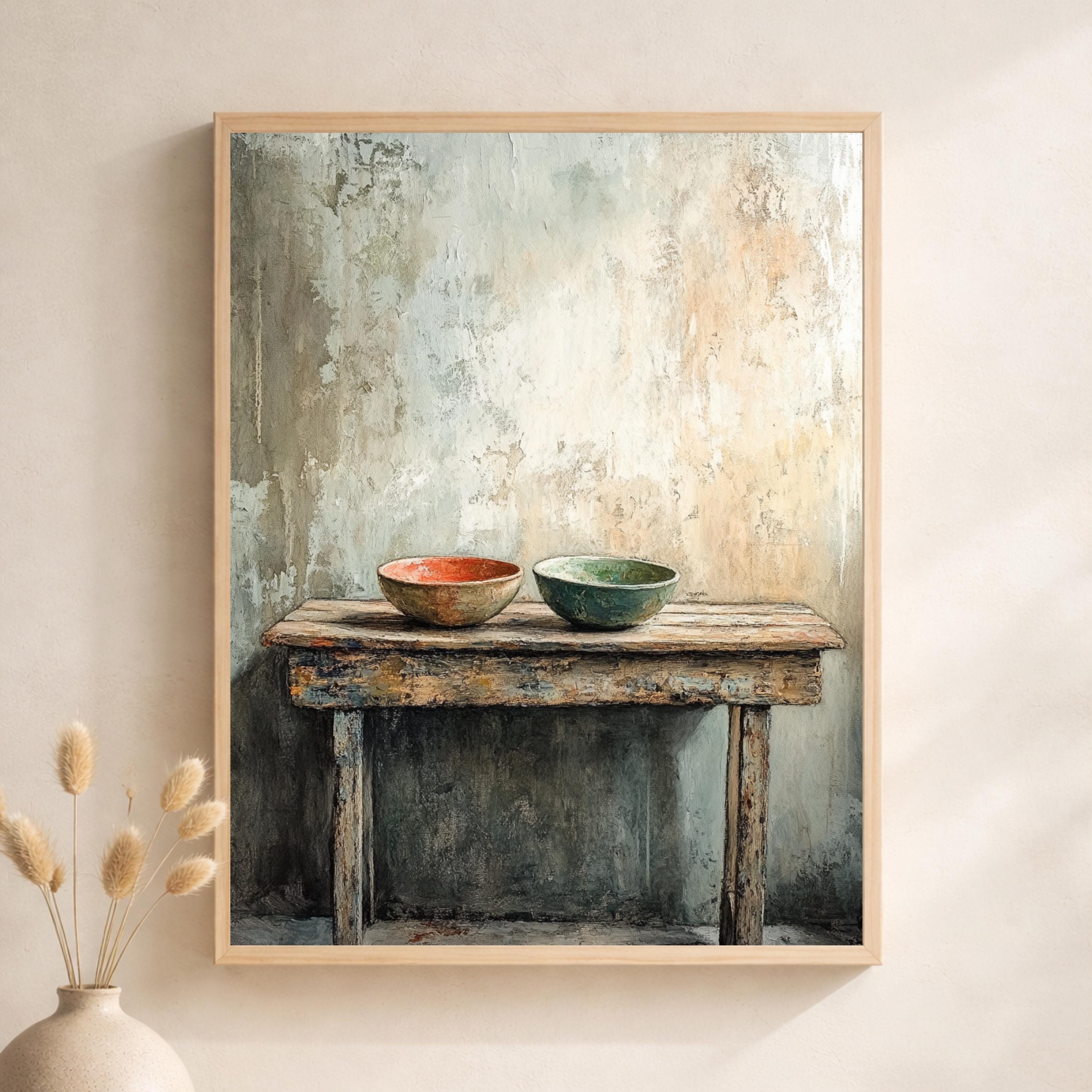 Neutral Kitchen Portrait, Rustic Still Life Wall Art Print, Minimal Farmhouse Canvas Decor, Vintage Table Artwork