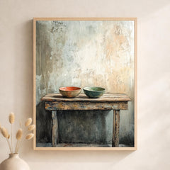 Neutral Kitchen Portrait, Rustic Still Life Wall Art Print, Minimal Farmhouse Canvas Decor, Vintage Table Artwork