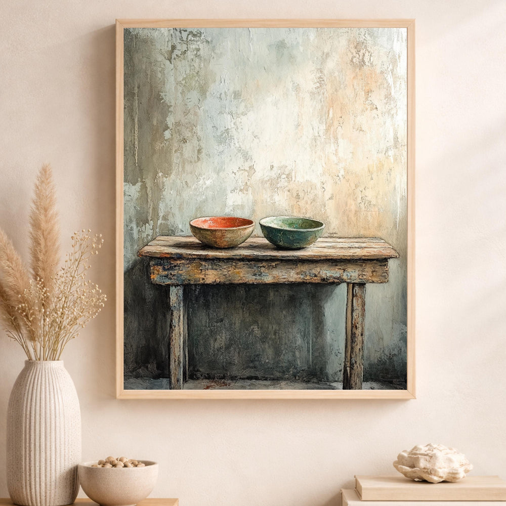 Neutral Kitchen Portrait, Rustic Still Life Wall Art Print, Minimal Farmhouse Canvas Decor, Vintage Table Artwork