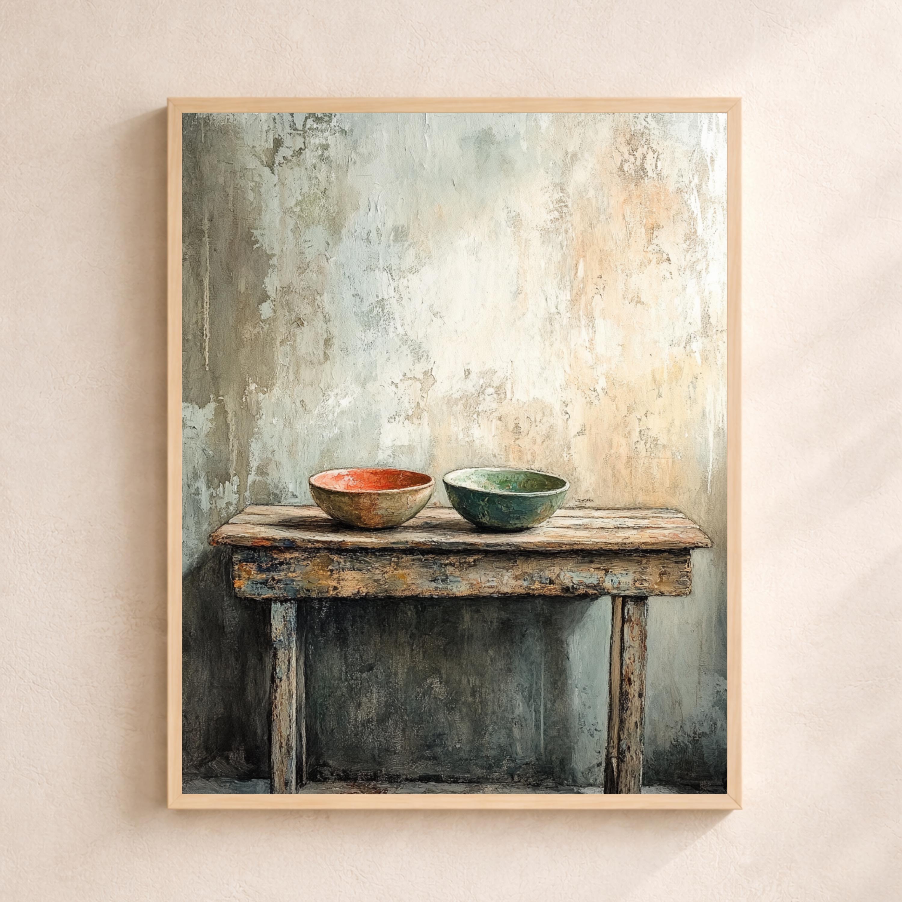 Neutral Kitchen Portrait, Rustic Still Life Wall Art Print, Minimal Farmhouse Canvas Decor, Vintage Table Artwork