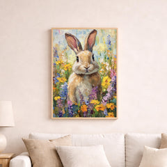 Floral Bunny Portrait Wall Art Print, Spring Meadow Canvas Decor, Cottage Nursery Portrait Artwork, Rabbit Artwork for Nursery Room Decor