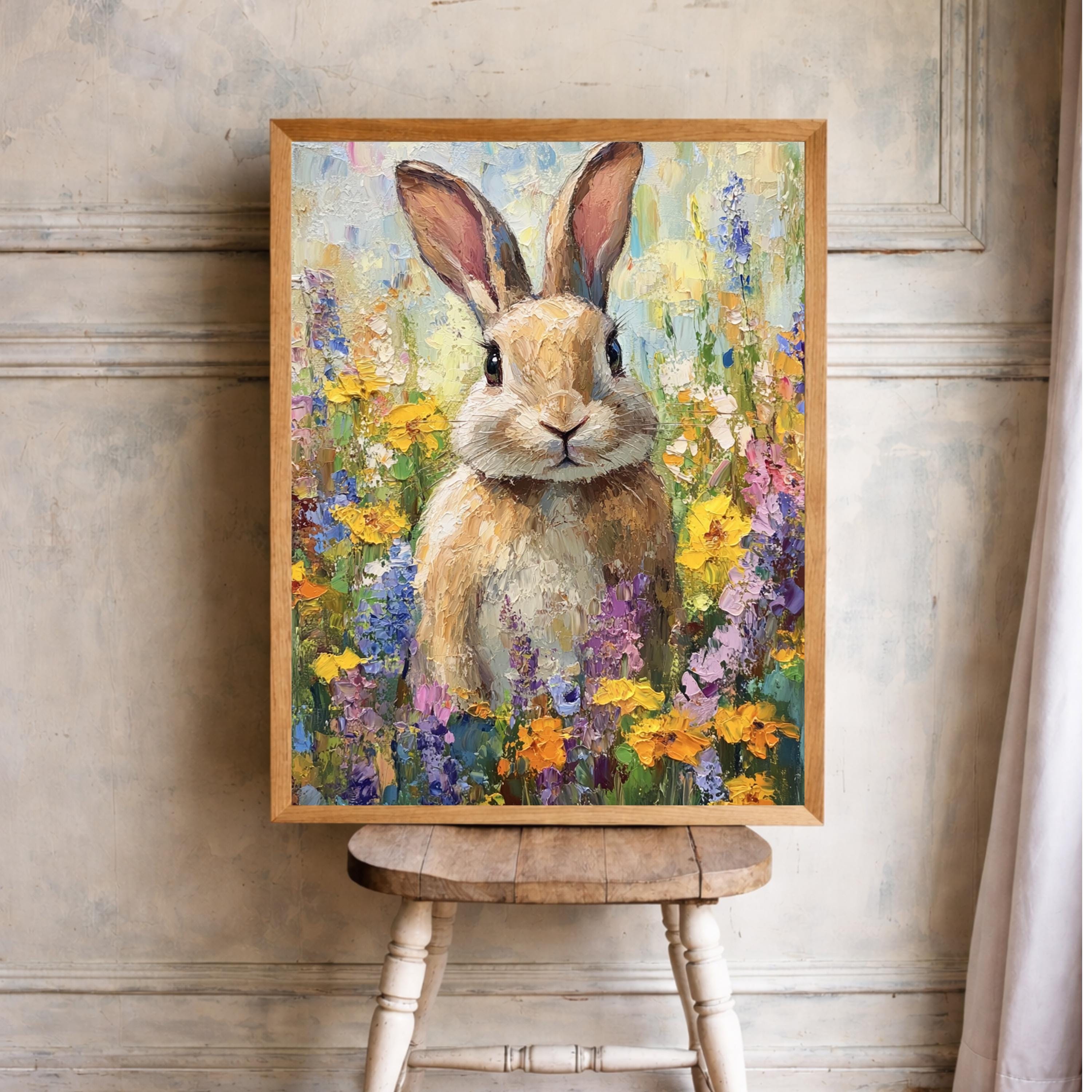 Floral Bunny Portrait Wall Art Print, Spring Meadow Canvas Decor, Cottage Nursery Portrait Artwork, Rabbit Artwork for Nursery Room Decor