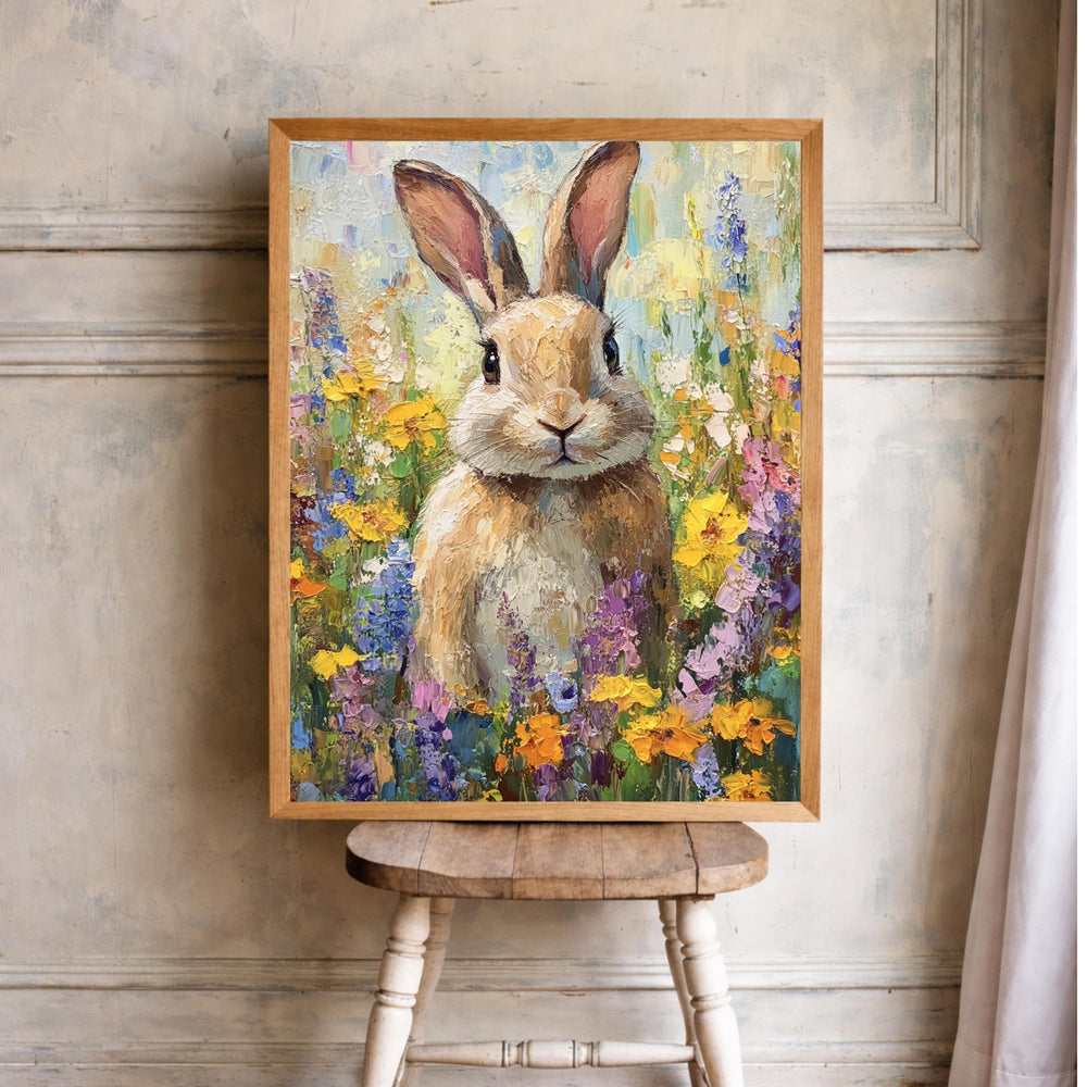 Floral Bunny Portrait Wall Art Print, Spring Meadow Canvas Decor, Cottage Nursery Portrait Artwork, Rabbit Artwork for Nursery Room Decor
