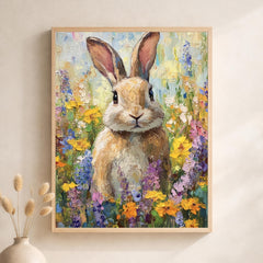 Floral Bunny Portrait Wall Art Print, Spring Meadow Canvas Decor, Cottage Nursery Portrait Artwork, Rabbit Artwork for Nursery Room Decor