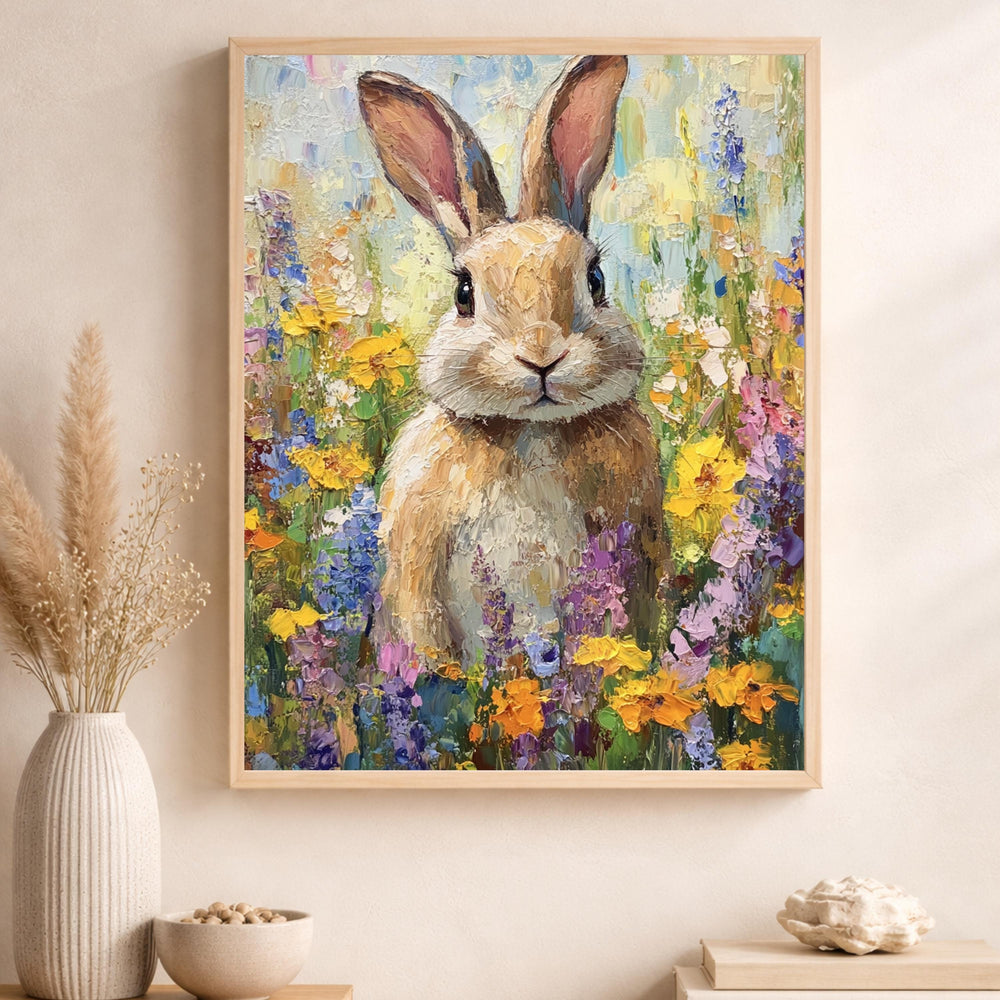 Floral Bunny Portrait Wall Art Print, Spring Meadow Canvas Decor, Cottage Nursery Portrait Artwork, Rabbit Artwork for Nursery Room Decor