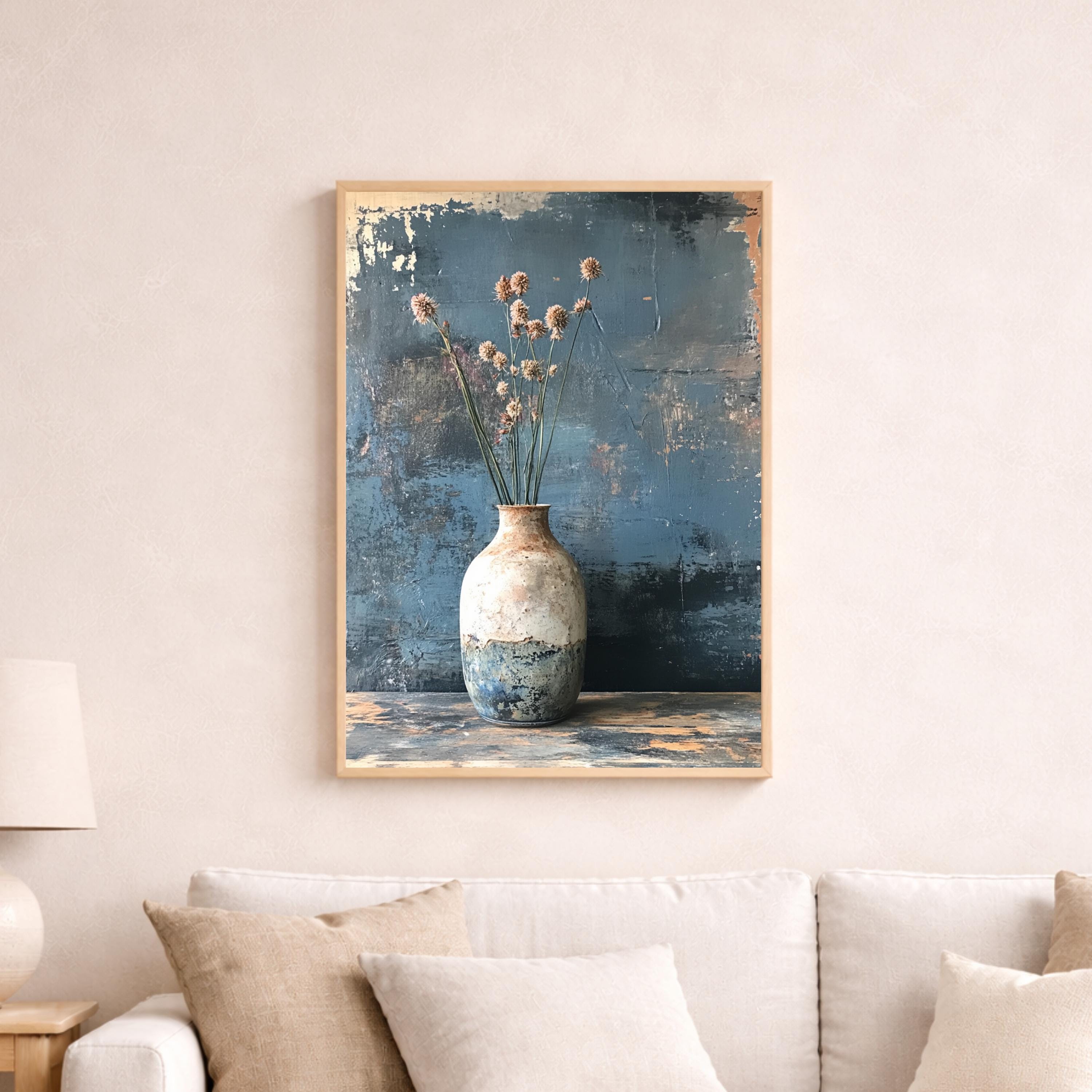 Minimal Vase Still Life Wall Art Print, Rustic Floral Canvas Art Decor, Neutral Portrait Artwork, Floral Canvas Decor
