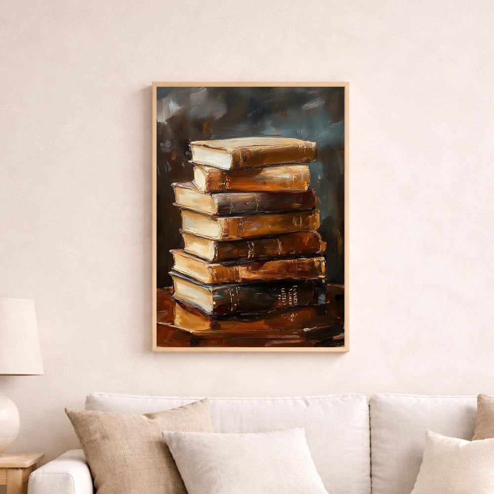 Vintage Book Stack Wall Art Print, Classic Library Canvas Art Decor, Literary Portrait Artwork
