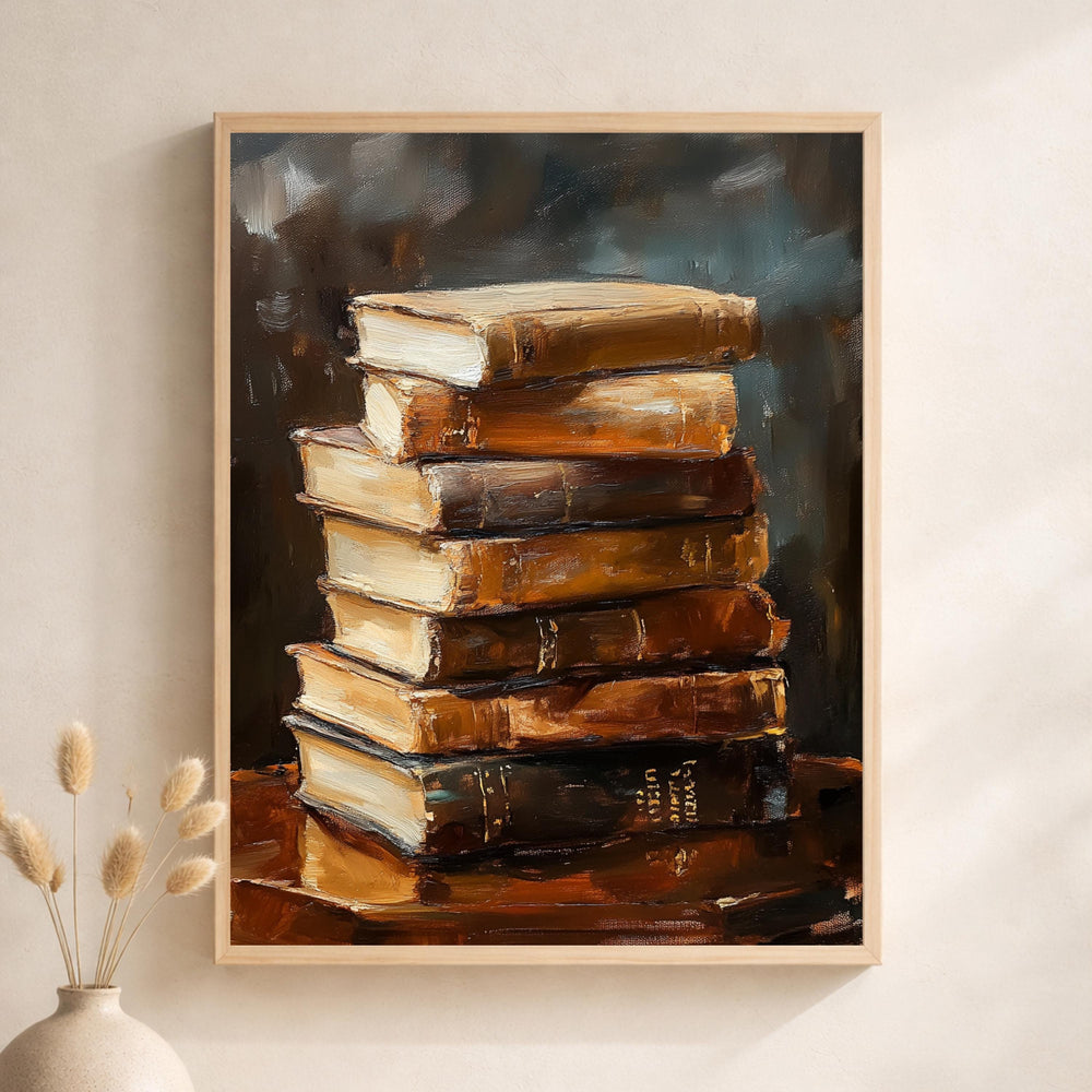 Vintage Book Stack Wall Art Print, Classic Library Canvas Art Decor, Literary Portrait Artwork