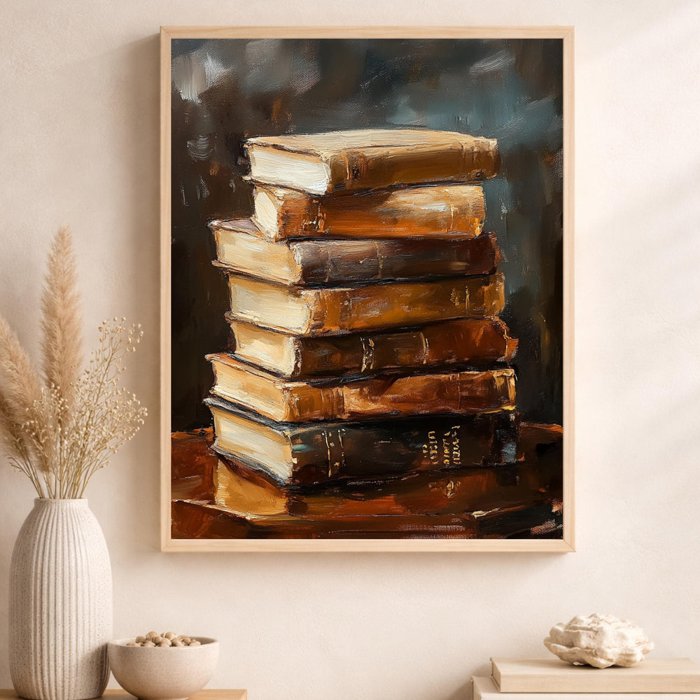 Vintage Book Stack Wall Art Print, Classic Library Canvas Art Decor, Literary Portrait Artwork