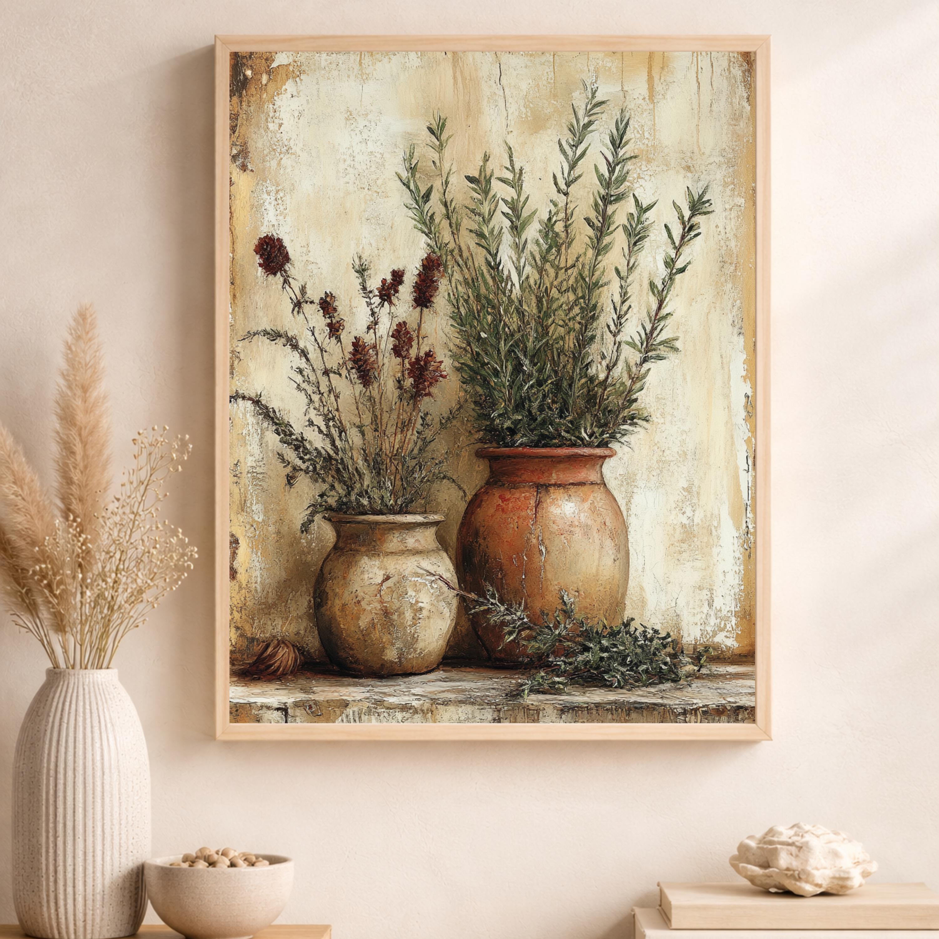 Rustic Herb Still Life Wall Art Print, Farmhouse Botanical Canvas Art Decor, Kitchen Portrait Artwork