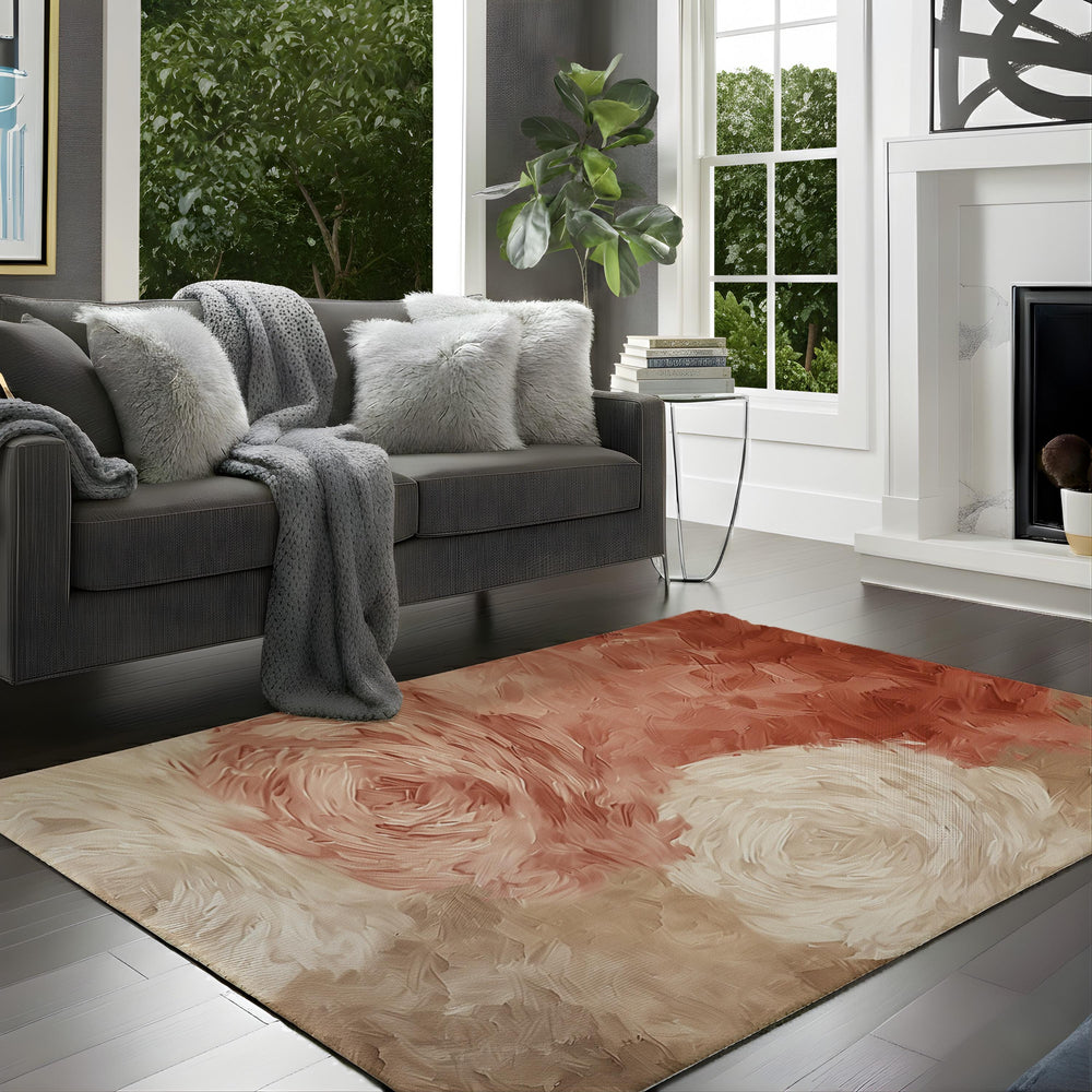 Blush Abstract Rose Area Rug, Soft Neutral Floral Floor Decor, Beige Peach Modern Painterly Pattern Rug, Elegant Bedroom Accent