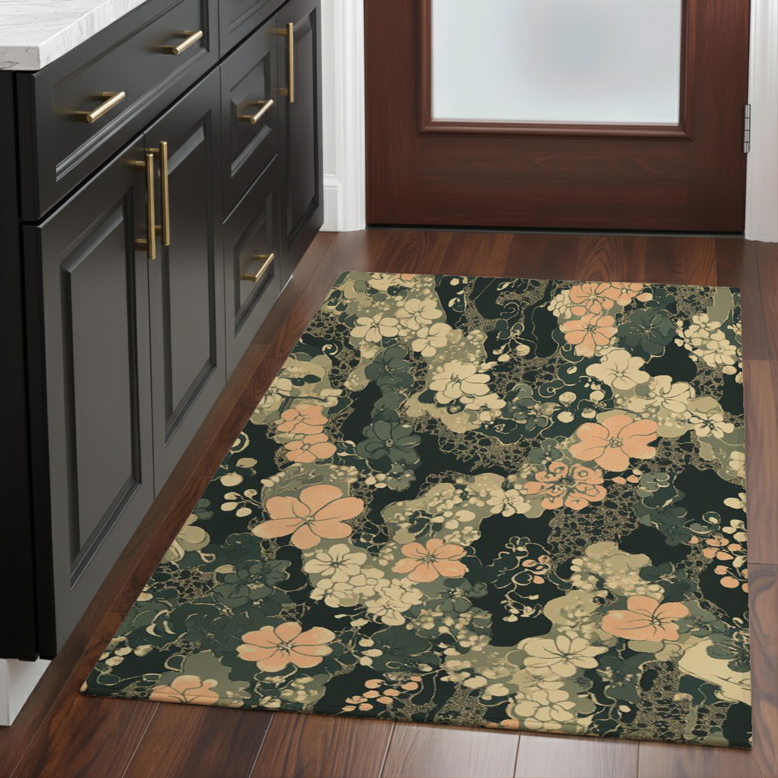 Dark Sage Floral Area Rug, Vintage Botanical Garden Floor Decor, Beige Peach Cottagecore Pattern Rug, Elegant Living Room Accent
