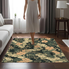 Dark Sage Floral Area Rug, Vintage Botanical Garden Floor Decor, Beige Peach Cottagecore Pattern Rug, Elegant Living Room Accent