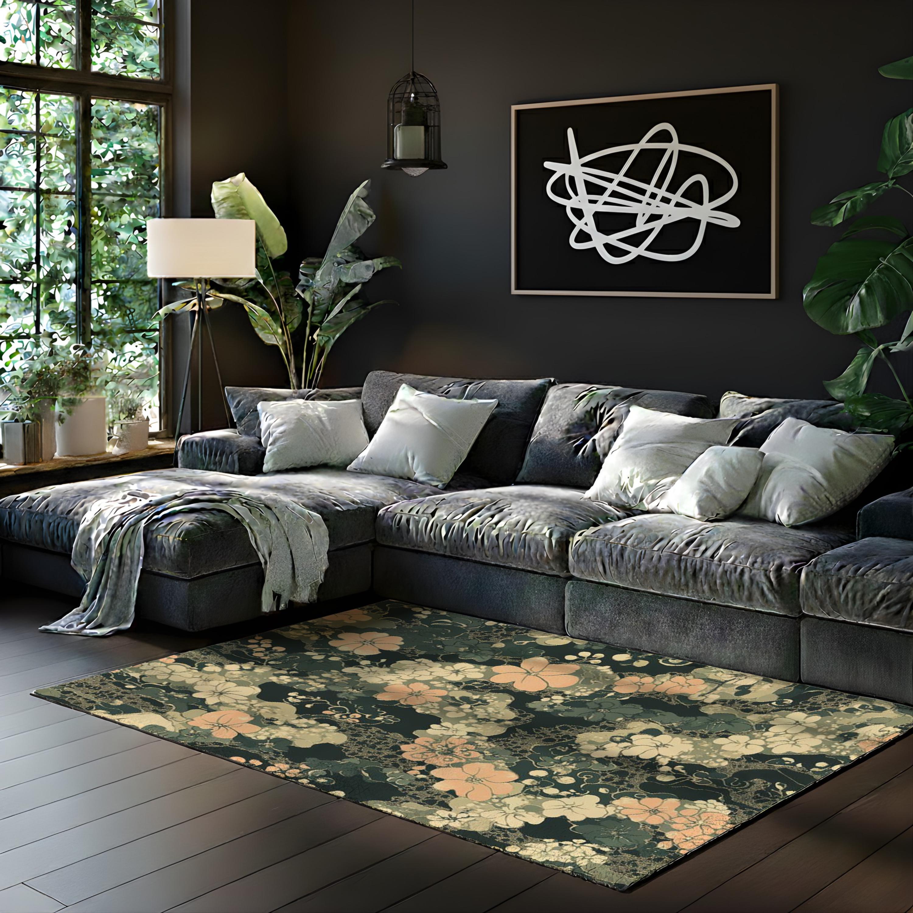 Dark Sage Floral Area Rug, Vintage Botanical Garden Floor Decor, Beige Peach Cottagecore Pattern Rug, Elegant Living Room Accent