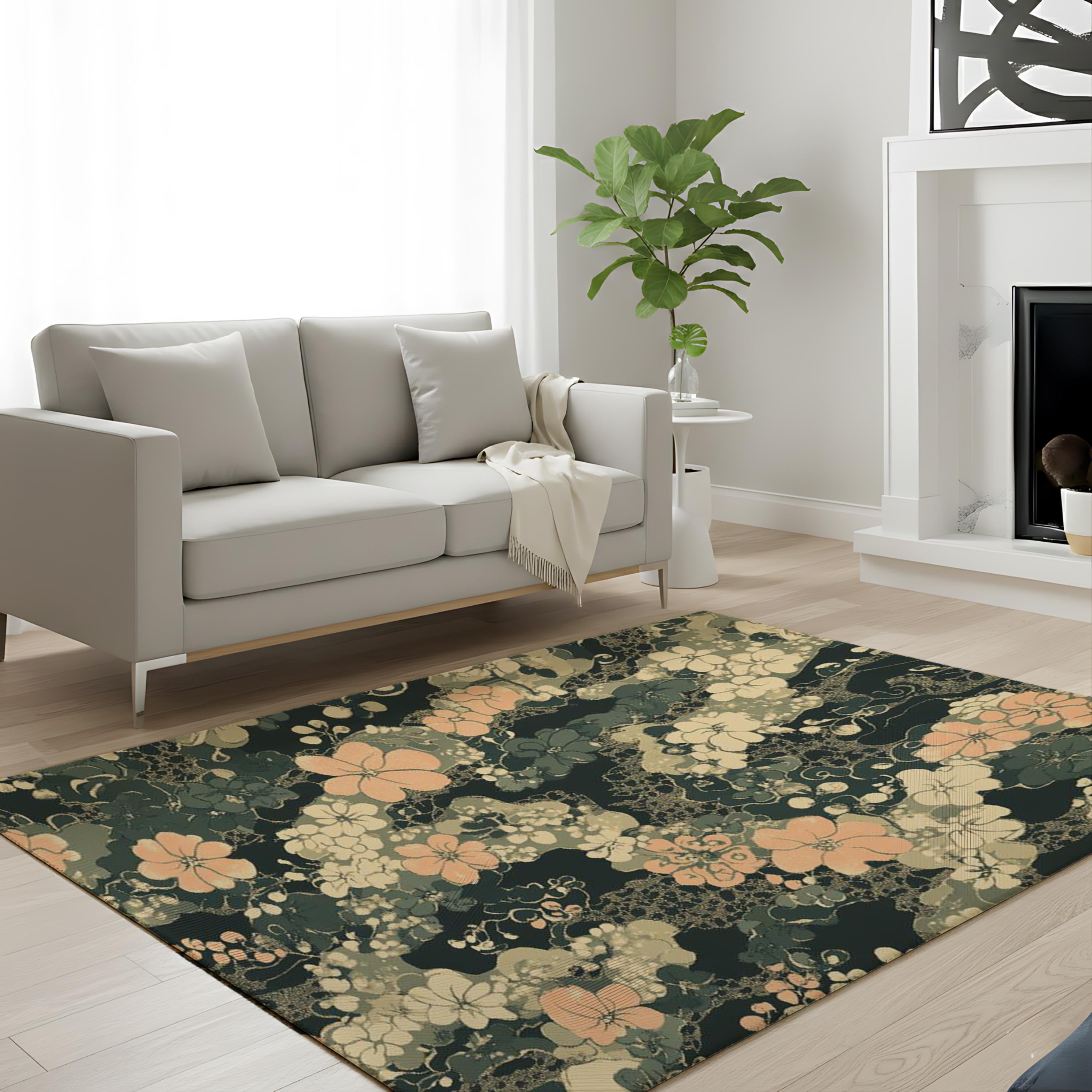 Dark Sage Floral Area Rug, Vintage Botanical Garden Floor Decor, Beige Peach Cottagecore Pattern Rug, Elegant Living Room Accent