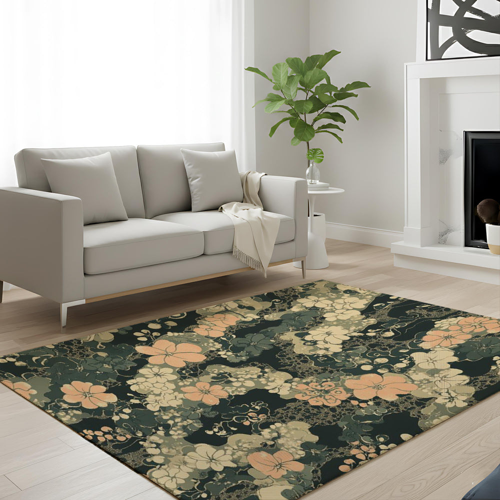 Dark Sage Floral Area Rug, Vintage Botanical Garden Floor Decor, Beige Peach Cottagecore Pattern Rug, Elegant Living Room Accent