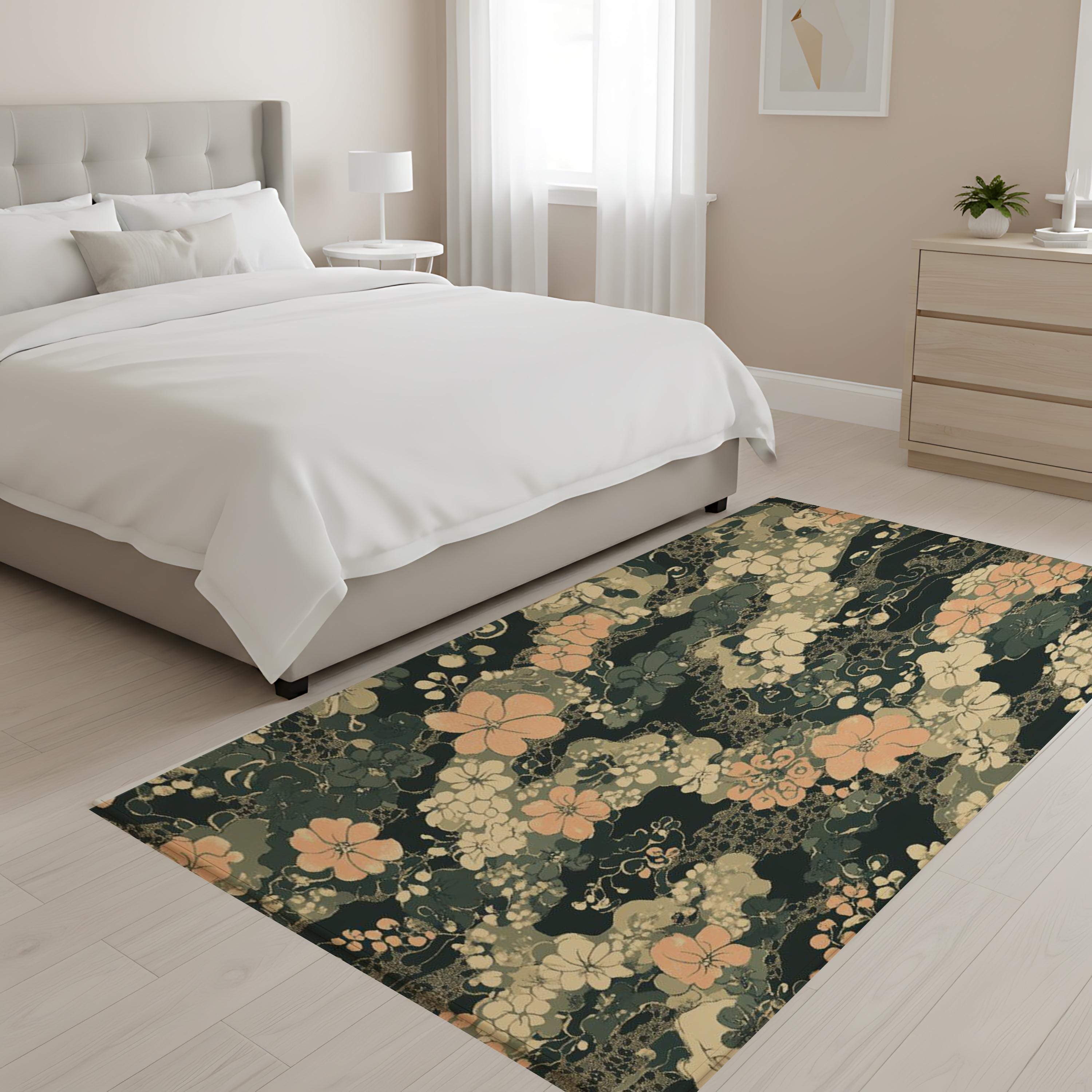 Dark Sage Floral Area Rug, Vintage Botanical Garden Floor Decor, Beige Peach Cottagecore Pattern Rug, Elegant Living Room Accent