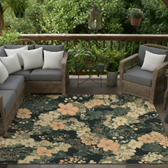 Dark Sage Floral Area Rug, Vintage Botanical Garden Floor Decor, Beige Peach Cottagecore Pattern Rug, Elegant Living Room Accent