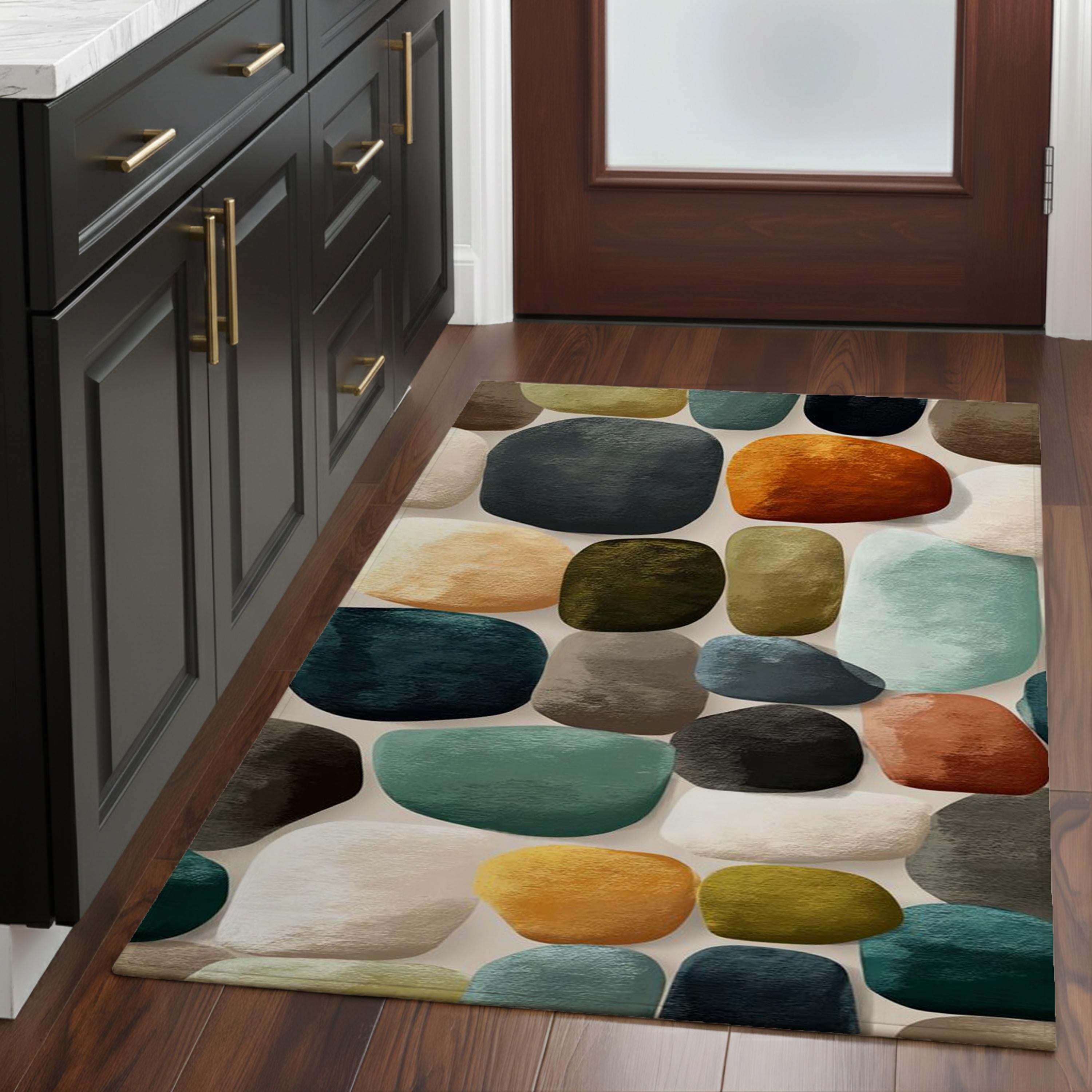 Modern Abstract Pebble Area Rug, Mid Century Geometric Carpet, Earth Tone Stone Pattern Floor Decor, Contemporary Living Room Accent Rug
